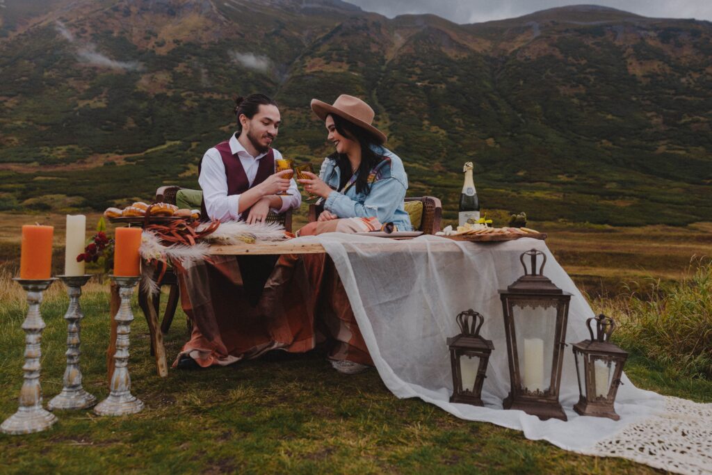 An elopement table set up for an intimate fall elopement in Turnagain Pass, Alaska