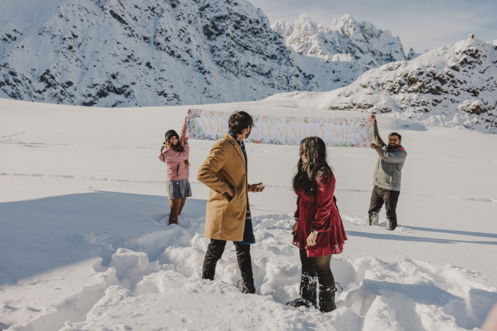 Planning a surprise proposal in Denali? Bring your friends and have them hold up a sign in the background!